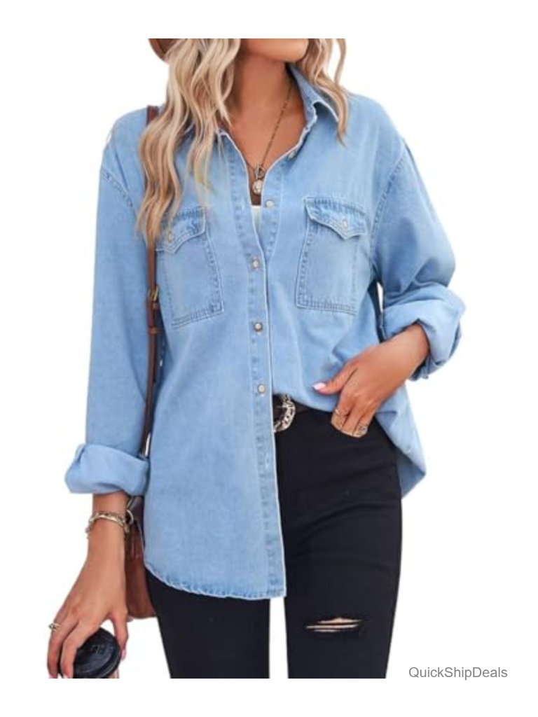 Long Sleeve Button Down Denim Shirt Blouse Business Casual Oversize